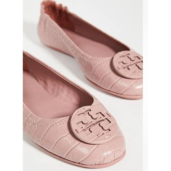 Tory Burch MINNIE Travel Rosa Ballet Flats Logo Pink Croco Embos Shoe Size 8 - Picture 2 of 11